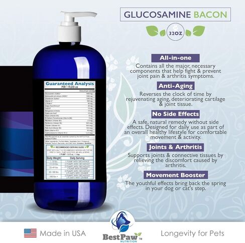 أفضل تغذية مخالب - الجلوكوزامين السائل بنكهة لحم الخنزير المقدد للكلاب والقطط - مكمل مشترك لتخفيف آلام الورك والمفاصل التي تحبها الحيوانات الأليفة - 32 أونصة in Kuwait