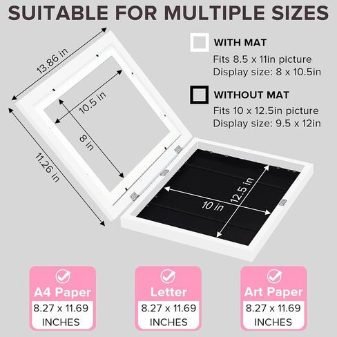 إطار عرض صور عمل فني للأطفال مقاس 8 × 10.5 مع حصيرة أو 9.5 × 12 بدون حصيرة يحمل 50 قطعة من الأعمال الفنية، إطار فني قابل للتغيير لرسومات الأطفال والأعمال الفنية والحرف اليدوية وإطارات عرض فنية للأطفال، باللون الأبيض in Kuwait