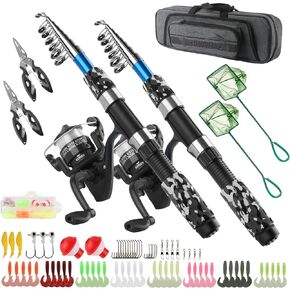 Fishing Rod Reel Combos Collapsible Fishing Rod Kit, 2PCS Telescopic Fishing Pole+2PCS Spinning Reels+Lures Hooks+Tackle Bag+Fishing Accessories Full Combo for Kids Youth in Saudi Arabia