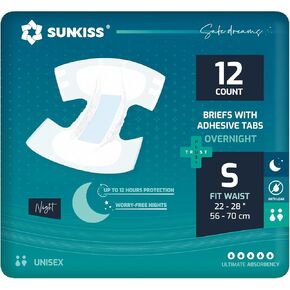 SUNKISS TrustPlus Overnight Adult Diapers with Ultimate Absorbency, Unisex Disposable Incontinence Briefs with Tabs for Men and Women, Odor Control, XLarge, 12 Count
