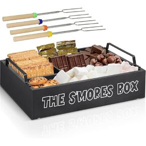Smores Kit for Fire Pit, Smores Caddy Organizer for S'Mores Station, Farmhouse Wooden S'Mores Bar Holder with 4 Extendable Smores Sticks, Smores Tray Organizer for Party, Outdoor Camping and Bonfires
