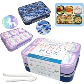 Bento Box for Kids Lunch-Boxes for Girls Boys | Snack Containers for Toddlers Pre-School | Cute Travel Day-Care Meal Container BPA Free | Blue Pink Purple Yellow-Green, 3 and 4 Compartments, 4 pack