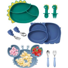 Maxdot 9 قطع أطباق سيليكون للأطفال مع طبق مقسم بالشفط مع ملعقة وشوكة، مجموعة أطباق للأطفال الصغار، مجموعة أدوات وأواني للأطفال، مستلزمات التدريب على التغذية الذاتية للأطفال، الديناصورات، السلطعون، فرس النهر in Kuwait