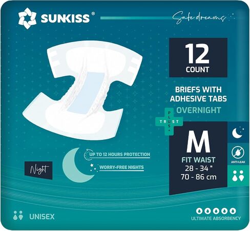 حفاضات البالغين الليلية من SUNKISS TrustPlus مع قدرة امتصاص فائقة، سراويل داخلية للجنسين للاستعمال مرة واحدة مع علامات تبويب للرجال والنساء، تحكم في الرائحة، مقاس XL، 12 قطعة in Saudi Arabia