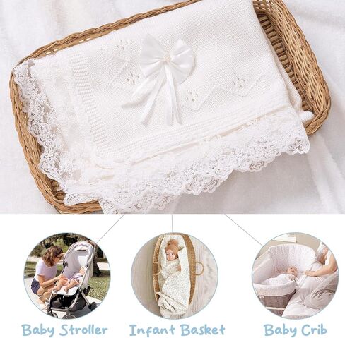 Booulfi Baby Blanket for Girls Boys Swaddles for Newborns Receiving Blankets Neutral Baptism Christening Knit White Baby Blanket Small Baby Crib Blanket, 37x42 in Saudi Arabia
