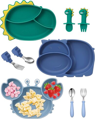 Maxdot 9 قطع أطباق سيليكون للأطفال مع طبق مقسم بالشفط مع ملعقة وشوكة، مجموعة أطباق للأطفال الصغار، مجموعة أدوات وأواني للأطفال، مستلزمات التدريب على التغذية الذاتية للأطفال، الديناصورات، السلطعون، فرس النهر in Kuwait