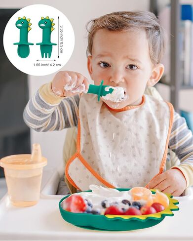 Maxdot 9 قطع أطباق سيليكون للأطفال مع طبق مقسم بالشفط مع ملعقة وشوكة، مجموعة أطباق للأطفال الصغار، مجموعة أدوات وأواني للأطفال، مستلزمات التدريب على التغذية الذاتية للأطفال، الديناصورات، السلطعون، فرس النهر in Kuwait