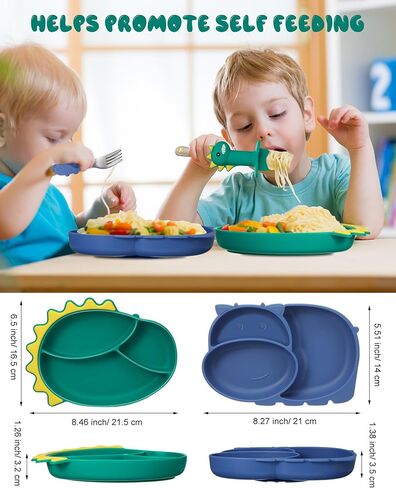 Maxdot 9 قطع أطباق سيليكون للأطفال مع طبق مقسم بالشفط مع ملعقة وشوكة، مجموعة أطباق للأطفال الصغار، مجموعة أدوات وأواني للأطفال، مستلزمات التدريب على التغذية الذاتية للأطفال، الديناصورات، السلطعون، فرس النهر in Kuwait