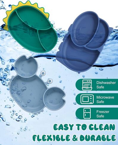 Maxdot 9 قطع أطباق سيليكون للأطفال مع طبق مقسم بالشفط مع ملعقة وشوكة، مجموعة أطباق للأطفال الصغار، مجموعة أدوات وأواني للأطفال، مستلزمات التدريب على التغذية الذاتية للأطفال، الديناصورات، السلطعون، فرس النهر in Kuwait