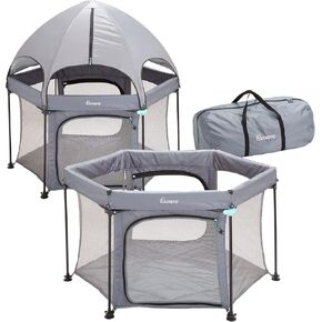 قلم لعب للأطفال في الهواء الطلق من hiccapop مقاس 53 بوصة مع مظلة، قلم لعب محمول فاخر للأطفال الرضع والأطفال الصغار مع قبة وظلال شمس وأرضية مبطنة | قلم لعب منبثق للشاطئ أو المنزل | قلم لعب خارجي للطفل in Kuwait