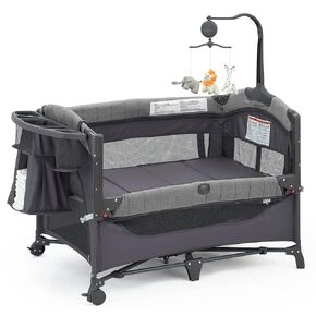 QUTANIX Baby Bassinet Bedside Bassinet Sleeper, 5-in-1 Pack and Play with Full-Size Bassinet,Baby Playard with Changing Table,Storage Shelf,Music Mobile with Soft Toys for Newborn to Toddlers (Grey)