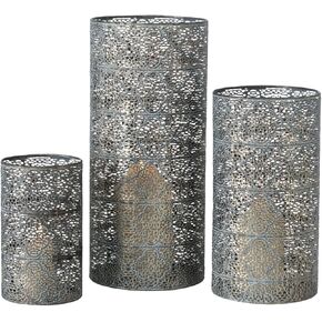 3 Piece Intricate Hurricane Lanterns, Multi-Pattern Lattice Work, Gold Finished Metal, Pale Grey Rubbed Craft Patina, Vintage Style,15.75 Inches Tall, for Wax or LED Votive and Pillar Candles in Saudi Arabia