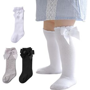 Zando Baby Knee High Socks With Bow Toddler Long Socks Girls Stockings 0-4T | Soft Cotton Seamless Stockings for Newborn Infant Girls, Stretchy Cute Ruffle Cuff, Durable for Everyday Church Dress Wear in Saudi Arabia