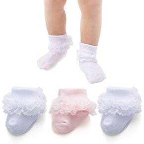 جوارب دانتيل صغيرة للأطفال من Mini Angel جوارب مكشكشة ثلاثية من الدانتيل للفتيات حديثي الولادة ومجموعة هدايا للأطفال حديثي الولادة in Kuwait