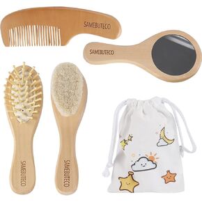 مجموعة فرش ومشط لشعر الاطفال من ساميبوتيكو مكونة من 4 قطع مع فرش بمقبض خشبي ومشط ومرآة وشعيرات ماعز طبيعية رائعة لحديثي الولادة والاطفال الصغار وحفلات استقبال المولود والاستخدام اليومي (خشب صلب) in Kuwait