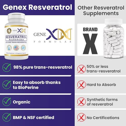 GENEX 98% نقي من ريسفيراترول مع بيوبيرين للامتصاص (60 كبسولة) ميكرون، تم اختباره معمليًا، ريسفيراترول ثابت بالكامل 600 مجم - غير معدّل وراثيًا، خالي من الغلوتين، نباتي in Kuwait