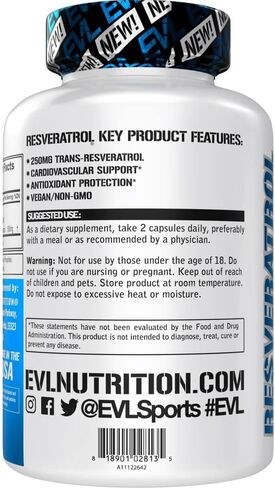مكمل Evlution المضاد للشيخوخة عبر ريسفيراترول، مكمل غذائي فائق مضاد للأكسدة مع 250 ملغ من ريسفيراترول عبر ريسفيراترول، 500 ملغ من مستخلص العقدة اليابانية لصحة المناعة والقلب in Kuwait