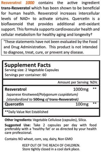 Resveratrol 1000mg Trans-Resveratrol + Quercetin Sirtuin Activator NAD+ Booster 120 Capsules 2 Month Supply in Saudi Arabia