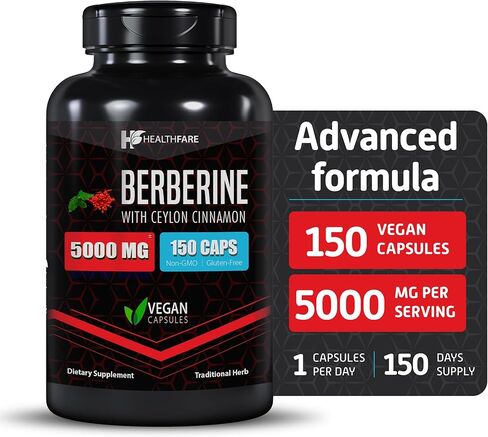 هيلثفير بربارين مع قرفة سيلان 5000 مجم - 150 كبسولة - صحة القلب ودعم المناعة، غير معدلة وراثيًا، خالية من الغلوتين، كمية تكفي 5 أشهر، صنع في الولايات المتحدة الأمريكية (150 قطعة) in Kuwait
