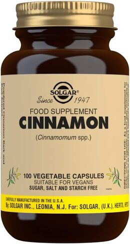 Solgar Cinnamon, 100 Vegetable Capsules - Full Potency (FP) - Supports Sugar Metabolism - Overall Wellness - Non-GMO, Vegan, Gluten Free, Dairy Free, Kosher - 100 Servings in Saudi Arabia