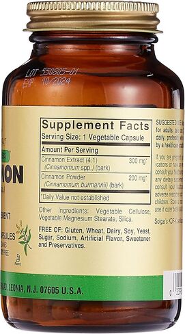 Solgar Cinnamon, 100 Vegetable Capsules - Full Potency (FP) - Supports Sugar Metabolism - Overall Wellness - Non-GMO, Vegan, Gluten Free, Dairy Free, Kosher - 100 Servings in Saudi Arabia