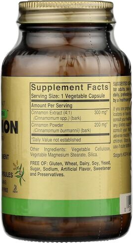 Solgar Cinnamon, 100 Vegetable Capsules - Full Potency (FP) - Supports Sugar Metabolism - Overall Wellness - Non-GMO, Vegan, Gluten Free, Dairy Free, Kosher - 100 Servings in Saudi Arabia