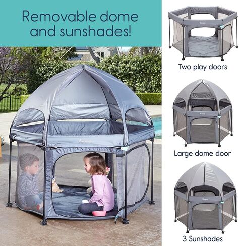 قلم لعب للأطفال في الهواء الطلق من hiccapop مقاس 53 بوصة مع مظلة، قلم لعب محمول فاخر للأطفال الرضع والأطفال الصغار مع قبة وظلال شمس وأرضية مبطنة | قلم لعب منبثق للشاطئ أو المنزل | قلم لعب خارجي للطفل in Kuwait