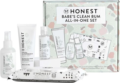 مجموعة هدايا The Honest Company Babe's Clean Bum | الحفاضات + مستلزمات حديثي الولادة | 99% مناديل مبللة بالماء (60 قيراط)، كريم طفح الحفاضات (2.5 أونصة)، حفاضات نظيفة واعية (مقاس 1، 7 قيراط) in Kuwait