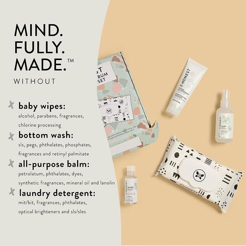مجموعة هدايا The Honest Company Babe's Clean Bum | الحفاضات + مستلزمات حديثي الولادة | 99% مناديل مبللة بالماء (60 قيراط)، كريم طفح الحفاضات (2.5 أونصة)، حفاضات نظيفة واعية (مقاس 1، 7 قيراط) in Kuwait