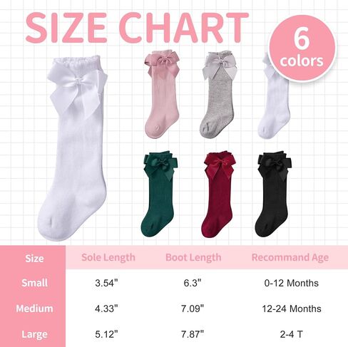 Zando Baby Knee High Socks With Bow Toddler Long Socks Girls Stockings 0-4T | Soft Cotton Seamless Stockings for Newborn Infant Girls, Stretchy Cute Ruffle Cuff, Durable for Everyday Church Dress Wear in Saudi Arabia
