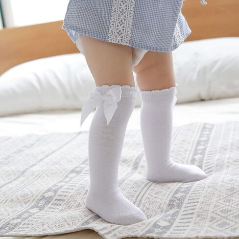 Zando Baby Knee High Socks With Bow Toddler Long Socks Girls Stockings 0-4T | Soft Cotton Seamless Stockings for Newborn Infant Girls, Stretchy Cute Ruffle Cuff, Durable for Everyday Church Dress Wear in Saudi Arabia