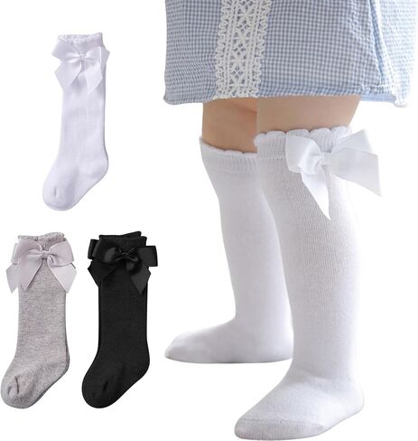 Zando Baby Knee High Socks With Bow Toddler Long Socks Girls Stockings 0-4T | Soft Cotton Seamless Stockings for Newborn Infant Girls, Stretchy Cute Ruffle Cuff, Durable for Everyday Church Dress Wear in Saudi Arabia
