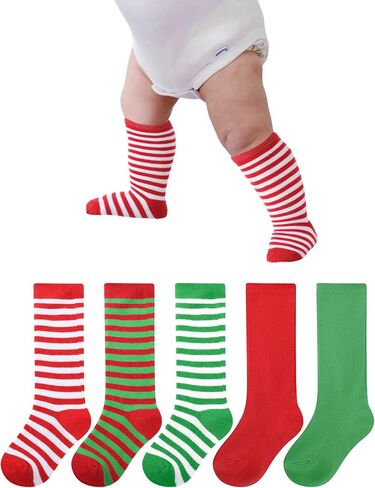 Foaincore 5 Pair Baby Christmas Knee High Socks Cotton Long Striped Tube Socks for Toddler Baby Boys Girls Christmas Wear in Saudi Arabia