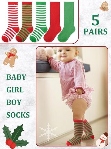 Foaincore 5 Pair Baby Christmas Knee High Socks Cotton Long Striped Tube Socks for Toddler Baby Boys Girls Christmas Wear in Saudi Arabia