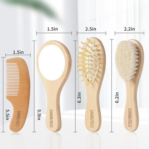 مجموعة فرش ومشط لشعر الاطفال من ساميبوتيكو مكونة من 4 قطع مع فرش بمقبض خشبي ومشط ومرآة وشعيرات ماعز طبيعية رائعة لحديثي الولادة والاطفال الصغار وحفلات استقبال المولود والاستخدام اليومي (خشب صلب) in Kuwait