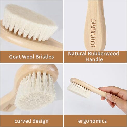 مجموعة فرش ومشط لشعر الاطفال من ساميبوتيكو مكونة من 4 قطع مع فرش بمقبض خشبي ومشط ومرآة وشعيرات ماعز طبيعية رائعة لحديثي الولادة والاطفال الصغار وحفلات استقبال المولود والاستخدام اليومي (خشب صلب) in Kuwait