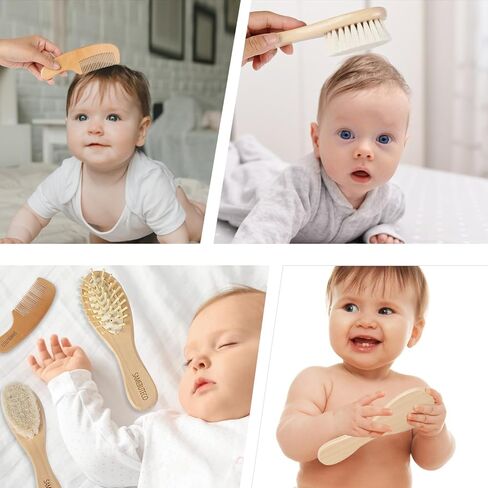 مجموعة فرش ومشط لشعر الاطفال من ساميبوتيكو مكونة من 4 قطع مع فرش بمقبض خشبي ومشط ومرآة وشعيرات ماعز طبيعية رائعة لحديثي الولادة والاطفال الصغار وحفلات استقبال المولود والاستخدام اليومي (خشب صلب) in Kuwait