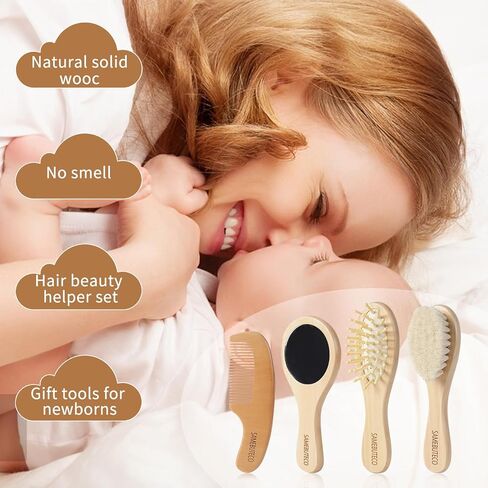 مجموعة فرش ومشط لشعر الاطفال من ساميبوتيكو مكونة من 4 قطع مع فرش بمقبض خشبي ومشط ومرآة وشعيرات ماعز طبيعية رائعة لحديثي الولادة والاطفال الصغار وحفلات استقبال المولود والاستخدام اليومي (خشب صلب) in Kuwait