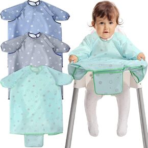 JaGely 3 Pcs Coverall Baby Feeding Bib Long Sleeves Attaches to Highchair Booster Seat Table Smock for Eating Easy Clean Apron Neutral Weaning 6-36 Months Toddler Boys Girls Kids, Blue, Gray, Green in Kuwait