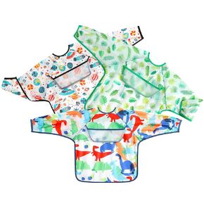 PandaEar Open Pocket Long Sleeve Bib 3-Pack Waterproof Crumb Catcher Apron