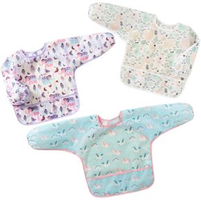 Hafftnun 3-Pack Baby Long Sleeve Waterproof Bib Full Coverage Apron Bib Smock Toddler Bibs with Pocket 6-30 Months