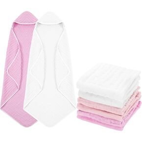 Peryiter 8 Pack Muslin Hooded Baby Bath Towels and Wash Cloth Set Soft Cotton Gauze Baby Hooded Bath Towel Baby Wipes Absorbent Bath Face Towels Burp Cloths Face Towels for Girl Boy (Blue Series)