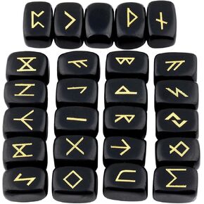 mookaitedecor Rune Stones Set with Engraved Elder Futhark Alphabet Crystal Meditation Divination,Black Obsidian