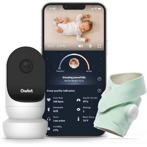 جهاز مراقبة الأطفال الذكي Owlet Dream Duo 2 - جهاز مراقبة الطفل بالفيديو عالي الدقة 1080 بكسل مع جورب الأحلام - جهاز مراقبة قدم الطفل ومستشعر يتتبع مستويات ضربات القلب والأكسجين عند الرضع وحديثي الولادة in Kuwait