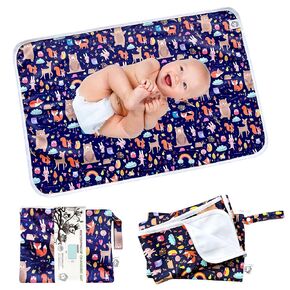 Flockthree Waterproof Baby Changing Pad with Storage Bag (43.3" X 28.7") Washable Wipeable Reusable Leak Proof Diaper Travel Mat Station Changing Mattress Liner Cribs Bed Cover, Aircraft