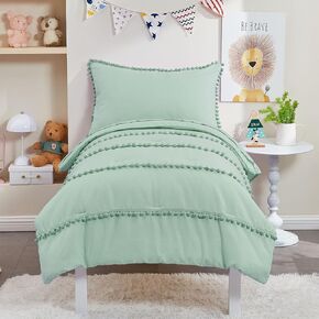 طقم سرير أطفال أخضر حكيم من SUCHDECO طقم لحاف للأطفال الصغار للفتيات طقم سرير أطفال باللون الأخضر مع 6 شراشيب بوم - 4 قطع: لحاف، ملاءة جاهزة، ملاءة مسطحة، كيس وسادة in Kuwait