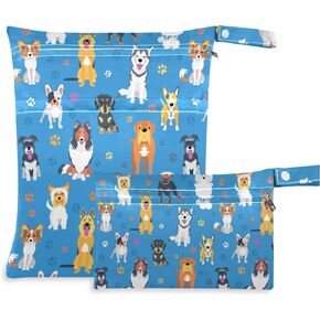 visesunny Colorful Bulldog Animal 2Pcs Wet Bag with Zippered Pockets Washable Reusable Roomy Diaper Bag for Travel,Beach,Daycare,Stroller,Diapers,Dirty Gym Clothes,Wet Swimsuits,Toiletries in Kuwait