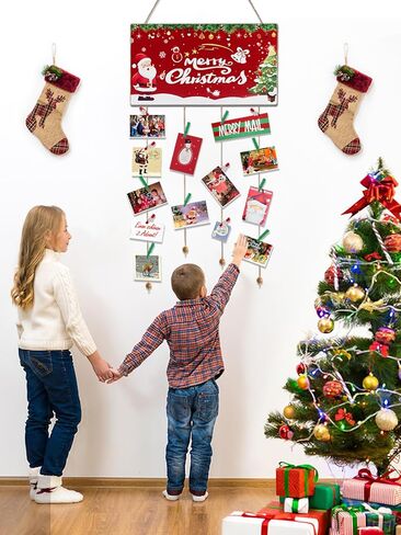حامل بطاقة عيد الميلاد Lanstics عيد الميلاد حامل صور خشبي مع 30 مقطع عيد الميلاد الجدار شنقا حامل الصور بطاقة عيد الميلاد عرض لوحة صورة معلقة DIY بها بنفسك الحرف غرفة نوم ديكور جدار الطرف in Kuwait