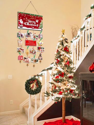 حامل بطاقة عيد الميلاد Lanstics عيد الميلاد حامل صور خشبي مع 30 مقطع عيد الميلاد الجدار شنقا حامل الصور بطاقة عيد الميلاد عرض لوحة صورة معلقة DIY بها بنفسك الحرف غرفة نوم ديكور جدار الطرف in Kuwait