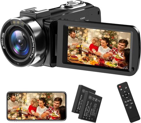 كاميرا فيديو KOMERY، 4K 60FPS 56MP، إصدار ليلي بالأشعة تحت الحمراء، شاشة قلاب 16X تكبير واي فاي، كاميرا تسجيل فيديو يوتيوب مع بطاريتين 2.4 جيجا للتحكم عن بعد in Kuwait